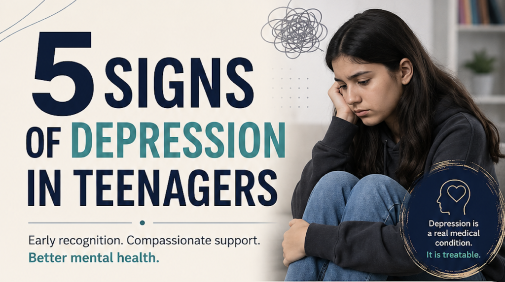 Graphic titled “5 Signs of Depression in Teenagers,” featuring a distressed teenage girl and a message emphasizing early recognition, compassionate support, and that depression is real.